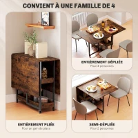 HOMCOM Table à manger pliante sur roulettes 4 personnes avec compartiments ouverts, pour petits espaces, salle à manger, marron(m-4)