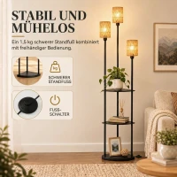 HOMCOM Stehlampe Boho 3-flammig Stehleuchte 3 Ablagen Papierseil-Lampenschirm Schwarz(m-6)