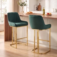 HOMCOM Bar Stools Set of 2 with Backrest, Footrest, Gold Electroplated Legs for Kitchen Island, Dining Room, Dark Green(m-9)