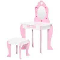 ZONEKIZ Tocador de Madera Infantil con Taburete y Espejo Centro de Belleza con 1 Cajón para 3-6 Años 50x36,5x89,5cm Rosa(m-12)