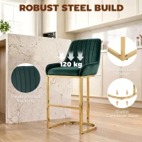 HOMCOM Bar Stools Set of 2 with Backrest, Footrest, Gold Electroplated Legs for Kitchen Island, Dining Room, Dark Green(m-6)