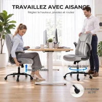 HOMCOM Chaise Bureau Ergonomique en Tissu Flanelle, Hauteur Réglable, Bascule, Accoudoirs Relevables, 66x77x122cm, Gris Clair(m-4)