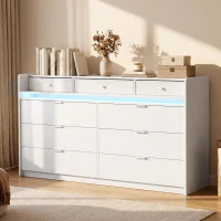 HOMCOM Cómoda com Luzes LED Estação de Carregamento e 9 Gavetas 148,7x45x82 cm Branco(m-10)