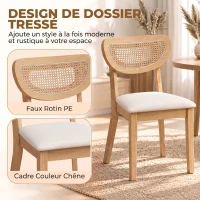 HOMCOM Lot de 2 Chaises de Salle à Manger, Chaises de Cuisine Rembourrées en Lin, Dossier à Effet Rotin et Pieds d'Hévéa, Beige(m-5)