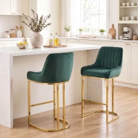 HOMCOM Bar Stools Set of 2 with Backrest, Footrest, Gold Electroplated Legs for Kitchen Island, Dining Room, Dark Green(m-2)