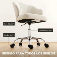 HOMCOM Silla de Oficina Forma de Pétalo con Ruedas de Terciopelo Función Basculante Asiento Ancho Altura Ajustable Crema(m-7)