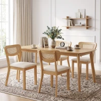 HOMCOM Lot de 2 Chaises de Salle à Manger, Chaises de Cuisine Rembourrées en Lin, Dossier à Effet Rotin et Pieds d'Hévéa, Beige(m-9)