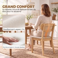 HOMCOM Lot de 2 Chaises de Salle à Manger, Chaises de Cuisine Rembourrées en Lin, Dossier à Effet Rotin et Pieds d'Hévéa, Beige(m-6)