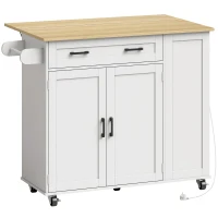 HOMCOM Ilha de Cozinha com Rodas, Tampo Extensível, Estação de Carregamento, Compartimento para Balde, Prateleiras nas Portas, Branco(m-1)