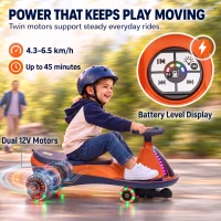 AIYAPLAY 12V Electric Wiggle Car, 2-In-1 Kids Ride On Toy with 2 Speeds, Soft Start, PU Wheels, RGB Lights, Up to 60 kg, Orange(m-5)