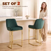 HOMCOM Bar Stools Set of 2 with Backrest, Footrest, Gold Electroplated Legs for Kitchen Island, Dining Room, Dark Green(m-4)