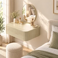 HOMCOM Coiffeuse Murale Moderne avec Miroir Rond et Tiroir Dissimulé, pour Chambre, Petit Espace, 60 x 38 x 18 cm, Chêne(m-15)