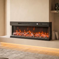 HOMCOM Șemineu Electric de Podea/Încastrabil, 3 Laturi, cu Telecomandă, 750/1500W, Efect Flacără 3D 12 Culori, 5 Niveluri de Luminozitate(m-10)