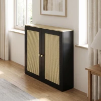 HOMCOM Cache-Radiateur en Bois, 2 Portes en Resine Tressée, Charnières Réglables, Étagère Supérieure, 78 x 19 x 75 cm, Noir(m-2)