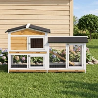 PawHut Rabbit Hutch Guinea Pig Hutch Wooden House with Run, 2 Tier Pet Cage Outdoor with No-leak Plastic Trays, 157.4 x 53 x 93.5cm, Yellow(m-8)