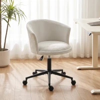 HOMCOM Silla de Oficina con Asiento Ancho Altura Ajustable Chenilla Envolvente y Ruedas Giratorias Blanco Crema(m-6)