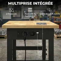 HOMCOM Établi d'Atelier Réglable, 121,9x50,8x79-99cm, Charge 900 kg, 2 Prises et 2 Ports USB, Panneau Perforé, Noir(m-5)