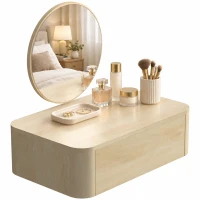 HOMCOM Coiffeuse Murale Moderne avec Miroir Rond et Tiroir Dissimulé, pour Chambre, Petit Espace, 60 x 38 x 18 cm, Chêne(m-16)