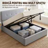 HOMCOM Pat cu ladă 140 x 190 cm, tapițat cu aspect de in, gri închis(m-4)