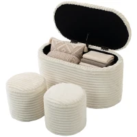 HOMCOM Set 3 piese cu spațiu de depozitare din catifea raiată, pentru living și dormitor, crem(m-12)