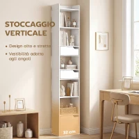 HOMCOM Libreria Verticale Alta a 6 Ripiani, Libreria Scaffale con Cassetti, Armadietto, per Soggiorno Ufficio, Bianco(m-4)