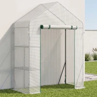 Outsunny Serre de Jardin PE avec Étagères 2 Niveaux, Bâche Renforcée 140 g/m², Porte Zippée Enroulable, 143x73x195cm, Blanc(m-2)