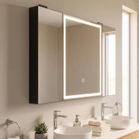 HOMCOM Armário de Casa de Banho com Espelho LED Tomada 3 Portas Antiembaciamento e Prateleiras Ajustáveis Preto(m-9)