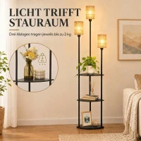 HOMCOM Stehlampe Boho 3-flammig Stehleuchte 3 Ablagen Papierseil-Lampenschirm Schwarz(m-5)