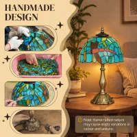 HOMCOM Tiffany Stained Glass Table Lamp, Handmade Antique Bedside Lamp for Bedroom, Living Room, Nightstand, Green(m-4)