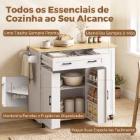 HOMCOM Ilha de Cozinha com Rodas, Tampo Extensível, Estação de Carregamento, Compartimento para Balde, Prateleiras nas Portas, Branco(m-7)