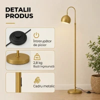 HOMCOM Lampadar modern 40W E27, înălțime reglabilă, abajur orientabil, întrerupător cu pedală, auriu(m-7)