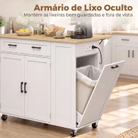 HOMCOM Ilha de Cozinha com Rodas, Tampo Extensível, Estação de Carregamento, Compartimento para Balde, Prateleiras nas Portas, Branco(m-6)