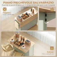 HOMCOM Isola Cucina con Piano Ribaltabile, Carrello Cucina con 5 Ruote, Portaspezie, Ripiani Regolabili, 2 Cassetti, Scomparti Aperti e Portasciugamani, Multiuso per Sala da Pranzo, Verde Chiaro(m-4)
