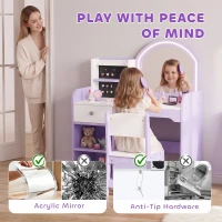 AIYAPLAY Kids Vanity Set, Kids Dressing Table with Stool, 2-Colour Lights Mirror, Pretend Dresser Gift for Ages 3-8, Purple(m-6)