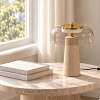 HOMCOM Lampe de Table Vintage avec Abat-Jour en Verre et Base en Travertin, Lampe de Chevet Rétro, Lumière Chaude 3000 K, Ambre(m-2)