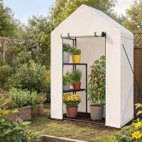 Outsunny Serre de Jardin PE avec Étagères 2 Niveaux, Bâche Renforcée 140 g/m², Porte Zippée Enroulable, 143x73x195cm, Blanc(m-6)