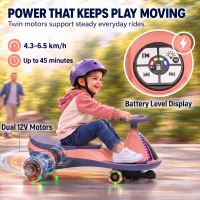 AIYAPLAY 12V Electric Wiggle Car, 2-In-1 Kids Ride On Toy with 2 Speeds, Soft Start, PU Wheels, RGB Lights, Up to 60 kg, Pink(m-5)