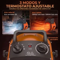 Outsunny Calefactor Eléctrico Cerámico PTC 5000W Termostato Regulable 3 Modos Ángulo Ajustable Portátil para 48 ㎡ Naranja(m-5)