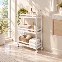 HOMCOM Carrinho Auxiliar de Casa de Banho em Bambu com 3 Níveis e Rodas 55x20x75 cm Branco(m-2)