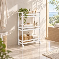HOMCOM Carrinho Auxiliar de Casa de Banho em Bambu com 3 Níveis e Rodas 55x20x75 cm Branco(m-8)
