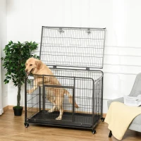 PawHut Metal Dog Cage Kennel Locking Door & Wheels Removable Tray Openable Top For Large Pets 109.5 x 71 x 78 cm(m-13)