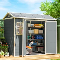 Outsunny 8 x 4 ft Plastic Garden Shed, Wood-Effect Outdoor Storage Shed with Floor, Windows, Lockable Doors and Vents, Light Grey(m-2)