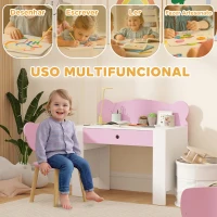 AIYAPLAY Secretária para Crianças com Cadeira em Forma de Ursinho Secretária Infantil com Gaveta para Estudar Ler e Desenhar Branco e Rosa(m-4)