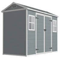 Outsunny 8 x 4 ft Plastic Garden Shed, Wood-Effect Outdoor Storage Shed with Floor, Windows, Lockable Doors and Vents, Light Grey(m-15)
