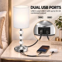 HOMCOM Bedside Lamp, Modern Crystal Decoration Table Lamp w/ PVC shade, USB A+C Charging Ports, Bulb Not Included, Silver Tone(m-4)