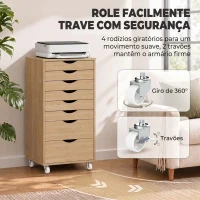 HOMCOM Gaveteiro de Secretária com 8 Gavetas e Rodas Gaveteiro de Escritório Suporte para Impressora Carvalho(m-6)