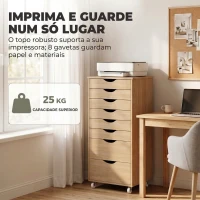 HOMCOM Gaveteiro de Secretária com 8 Gavetas e Rodas Gaveteiro de Escritório Suporte para Impressora Carvalho(m-5)
