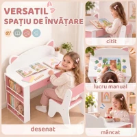 AIYAPLAY Set masă și scaun pentru copii, 3-8 ani, cu bibliotecă laterală, sertar și design vulpiță, alb(m-4)
