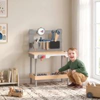 AIYAPLAY Bancada de Ferramentas Infantil em Madeira com Ferramentas Quadro e Prateleira 3-6 Anos Cinza(m-10)