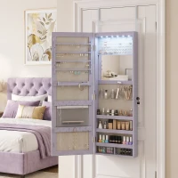 HOMCOM Espelho para Joias de Parede com Luzes LED, Espelho Interior Rebatível e Fechadura, para Parede ou Porta, Roxo(m-2)